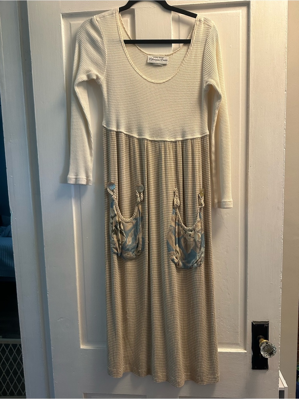 Ivory and Beige Long Sleeve Maxi Dress with Floral Patch Pockets